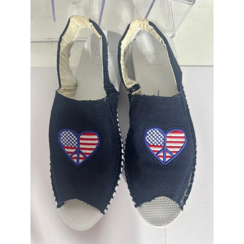 🇺🇸Reef Navy Canvas Slingback Sandals Patriotic Peace Heart Peep Toe Women 10